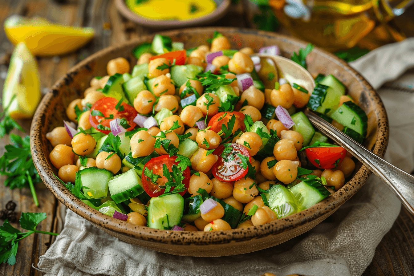 A colorful chickpea and cucumber salad in a rustic ceramic bowl, garnished with fresh parsley and drizzled with olive oil and lemon juice.