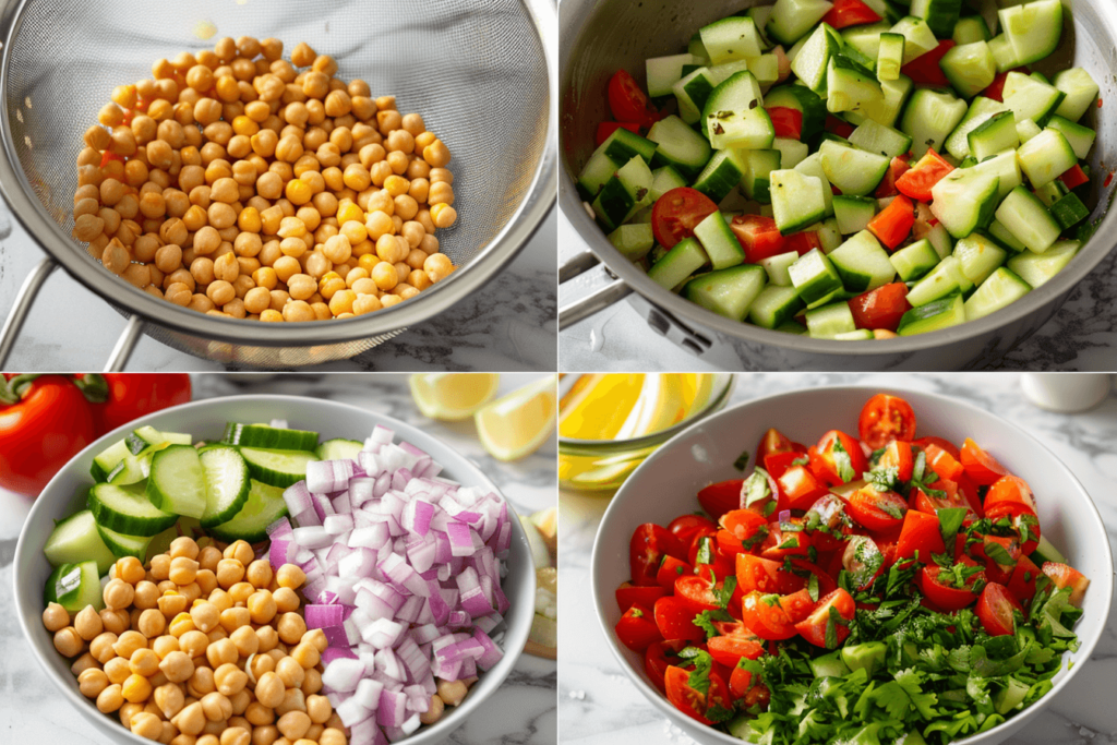 A step-by-step visual guide to making chickpea and cucumber salad, including rinsing chickpeas, chopping vegetables, mixing ingredients, and serving the dish.