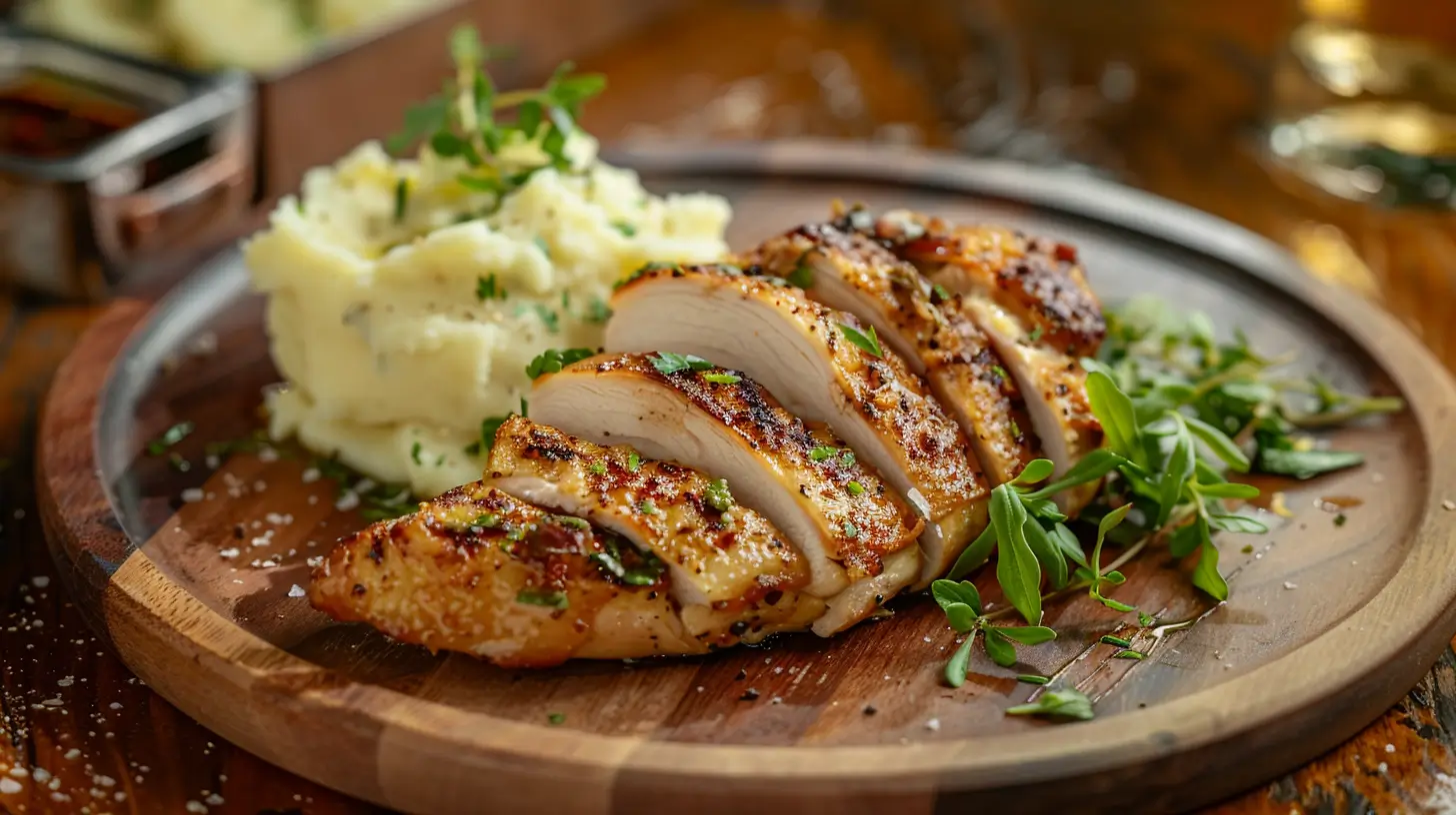 Juicy roasted split chicken breast with crispy golden skin