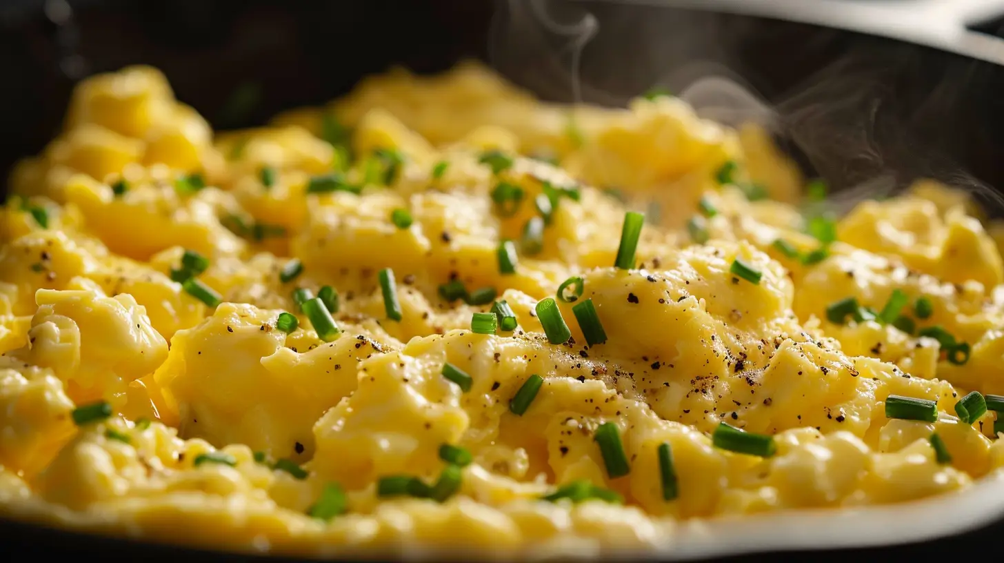 Fluffy scrambled eggs with chives and black pepper in a pan.