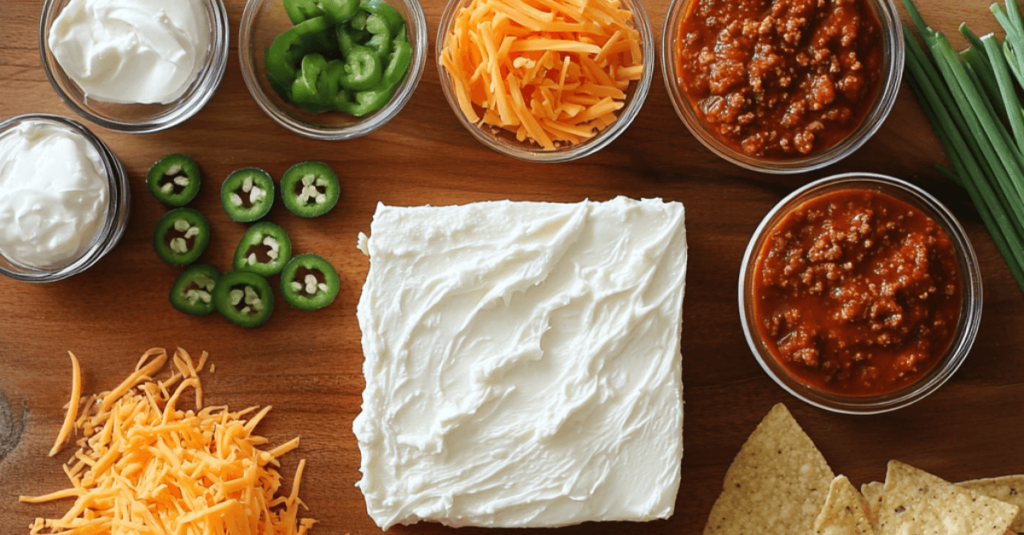 Cream Cheese Chili Dip 2 Ingredients for Cream Cheese Chili Dip laid out on a wooden board, including cream cheese, chili, shredded cheese, and spices.