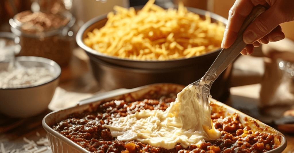 Cream Cheese Chili Dip 4 A baking dish showing the layered composition of Cream Cheese Chili Dip—cream cheese, chili, and a layer of shredded cheese on top.