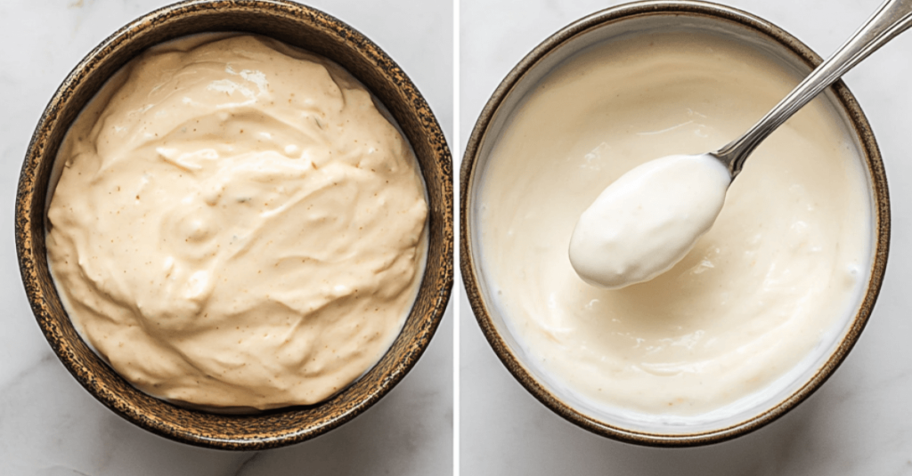 Cream Cheese Chili Dip 5 A spoon stirring milk into a thick Cream Cheese Chili Dip to make it smoother.